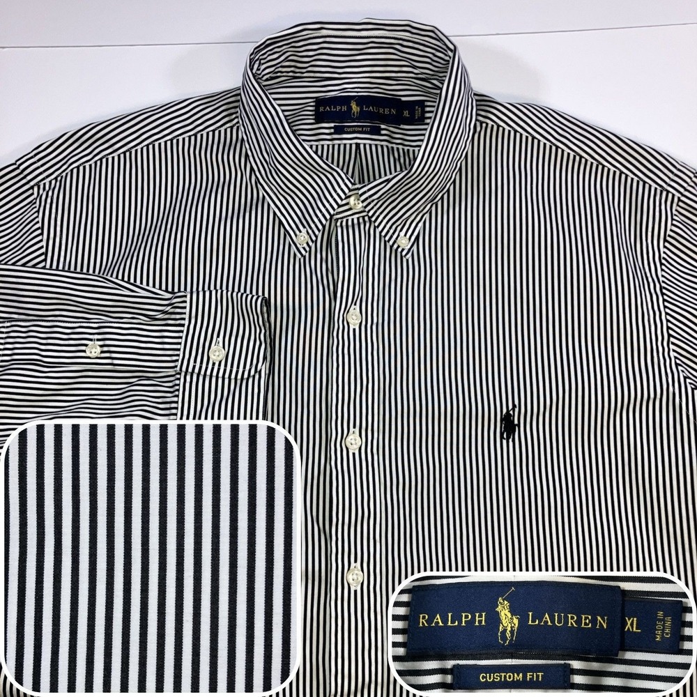 Polo Ralph Lauren Shirt Mens XL Black White Stripe Custom Fit Button Down